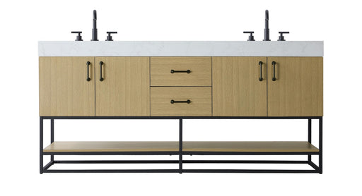 A bathroom vanity with a white marble countertop, light wood cabinets, and black metal frame.