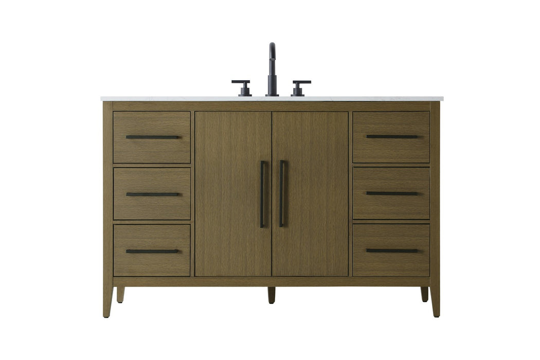A brown wooden bathroom vanity with a white countertop and one sink.