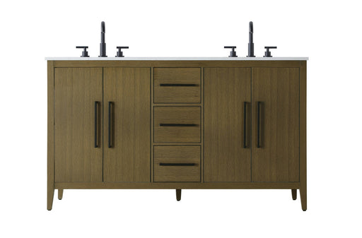 A brown wooden bathroom vanity with a white countertop and two sinks.