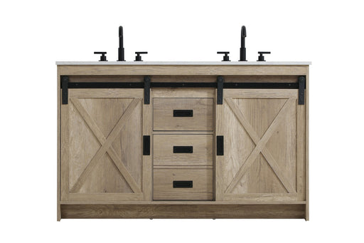 A rustic wooden bathroom vanity with two sinks, a white marble top, and black metal hardware.