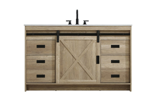 A rustic wooden bathroom vanity with a white marble top and black metal hardware.