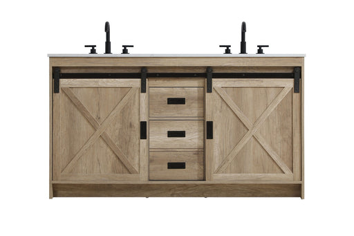 Light brown wood vanity with central barn door, two side drawer sets, and top faucet fixtures.