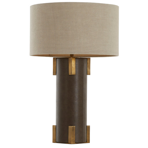 Bronx One Light Table Lamp Brushed Antique Brass|Dark Brown Leather|Beige Linen