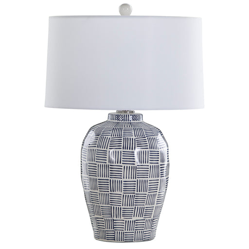 Liora One Light Table Lamp White Linen|Brushed Nickel|Blue Patterned Glaze
