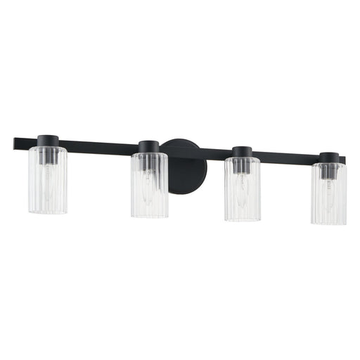 Bedminster Four Light Vanity Matte Black, Clear Ribbed