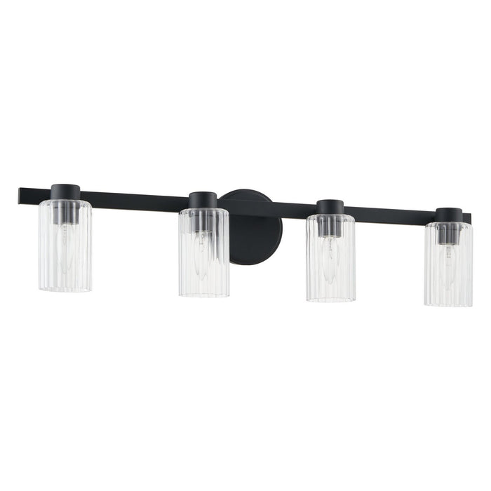 Thesis - 207043A - Four Light Vanity - Bedminster - Matte Black, Clear Ribbed