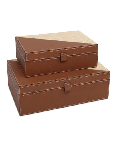 Leather & Raffia Box Set of 2 Brown/Natural