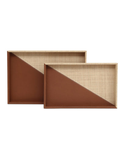 Leather & Raffia Tray Set of 2 Brown/Natural