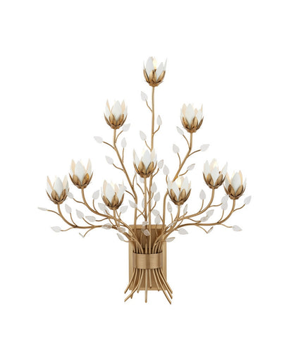 Star Magnolia Ten Light Wall Sconce Antique Brass/White/Clear
