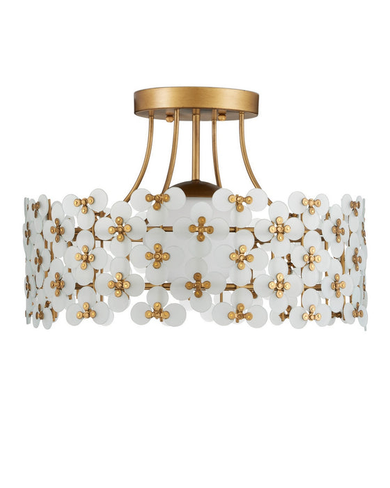 Currey and Company - 9000-1345 - One Light Semi-Flush Mount - Spring Flower - Frosted/Glossy White/Brass
