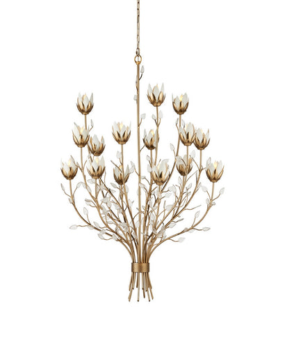 Star Magnolia 15 Light Chandelier Antique Brass/White/Clear