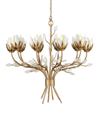 Star Magnolia Ten Light Chandelier Antique Brass/White/Clear