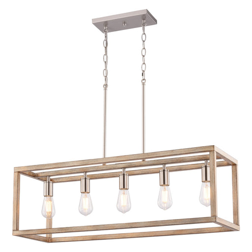 Vaxcel - H0332 - Five Light Linear Chandelier - Pratt - Satin Nickel and Light Oak