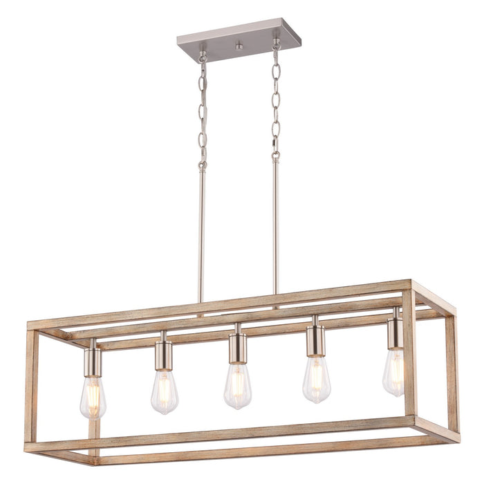 Vaxcel - H0332 - Five Light Linear Chandelier - Pratt - Satin Nickel and Light Oak