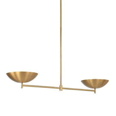 Modern brass linear chandelier with two shallow bowl shades and minimalist design.
