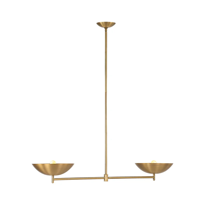 Modern brass linear chandelier with two shallow bowl shades and exposed globe bulbs.