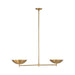 Modern brass linear chandelier with two shallow bowl shades and exposed globe bulbs.