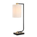 Modern black and gold table lamp with a white cylindrical shade and minimalist curved metal frame.