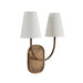 Brass double wall sconce with curved arms and white tapered fabric shades.
