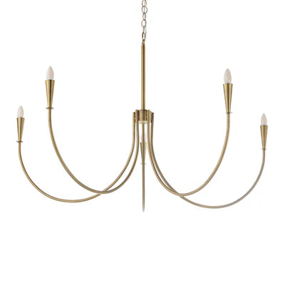 Modern brass chandelier with five curved arms and candle-style bulbs.