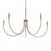 Modern brass chandelier with five curved arms and candle-style bulbs.