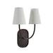 Dark bronze double wall sconce with curved arms and white tapered fabric shades.