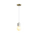 Modern pendant light with stacked white stone accents and an illuminated frosted glass globe.