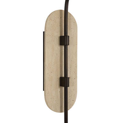 Beige wall-mounted light fixture with black stem on a white background