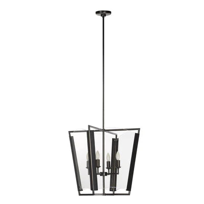 Modern black lantern pendant light with angular glass panels and four candle-style bulbs.