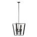 Modern black lantern pendant light with angular glass panels and four candle-style bulbs.
