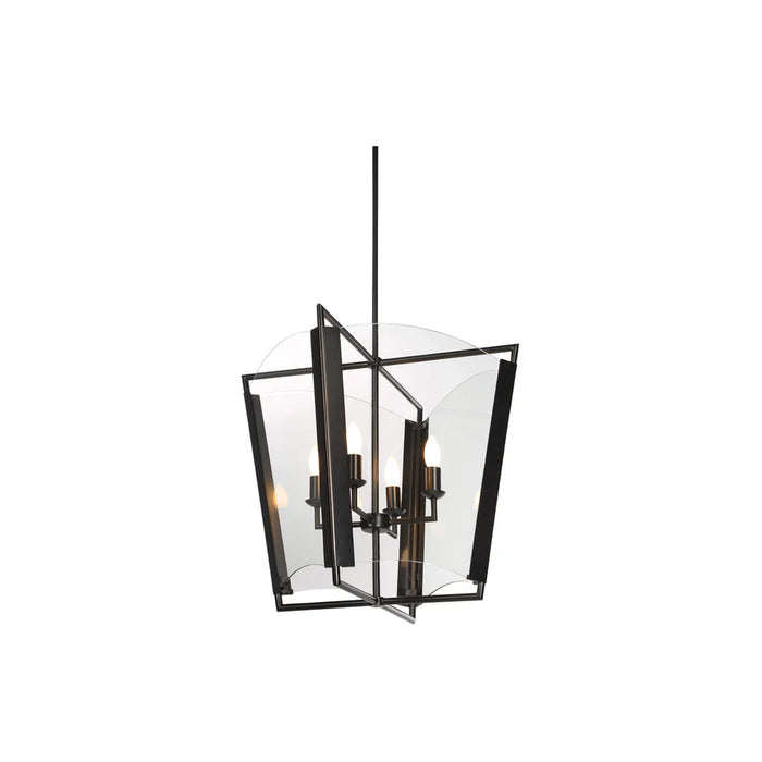Modern black pendant light with curved glass panels and four candle-style bulbs illuminated.