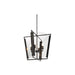 Modern black pendant light with curved glass panels and four candle-style bulbs illuminated.