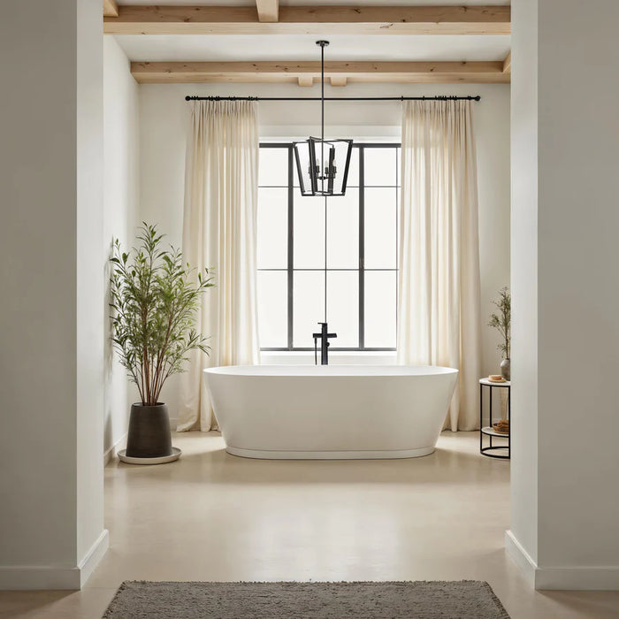 Modern bathroom with freestanding tub, tall windows, exposed wood beams, and black lantern pendant lighting.