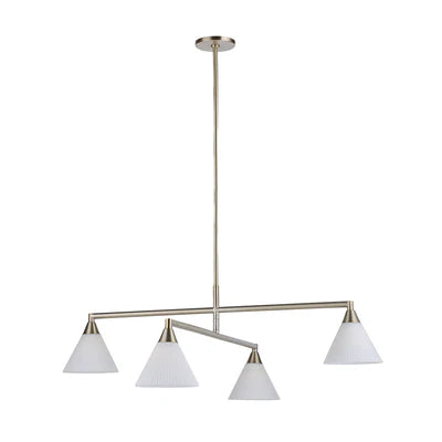 Modern linear chandelier with brushed nickel finish and four white pleated cone shades.