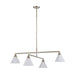 Modern linear chandelier with brushed nickel finish and four white pleated cone shades.