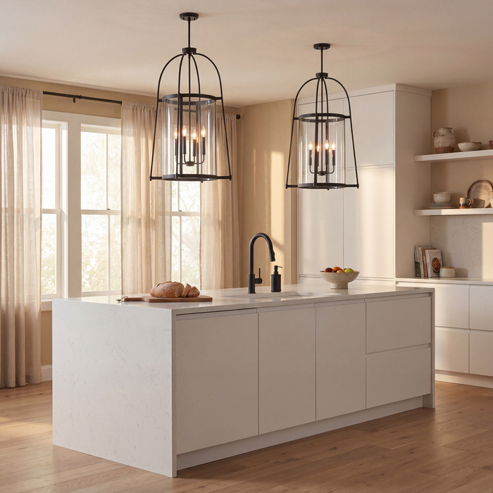 Two black metal cage pendant lights hanging over a white kitchen island in a bright, modern kitchen with beige walls and wood floors.