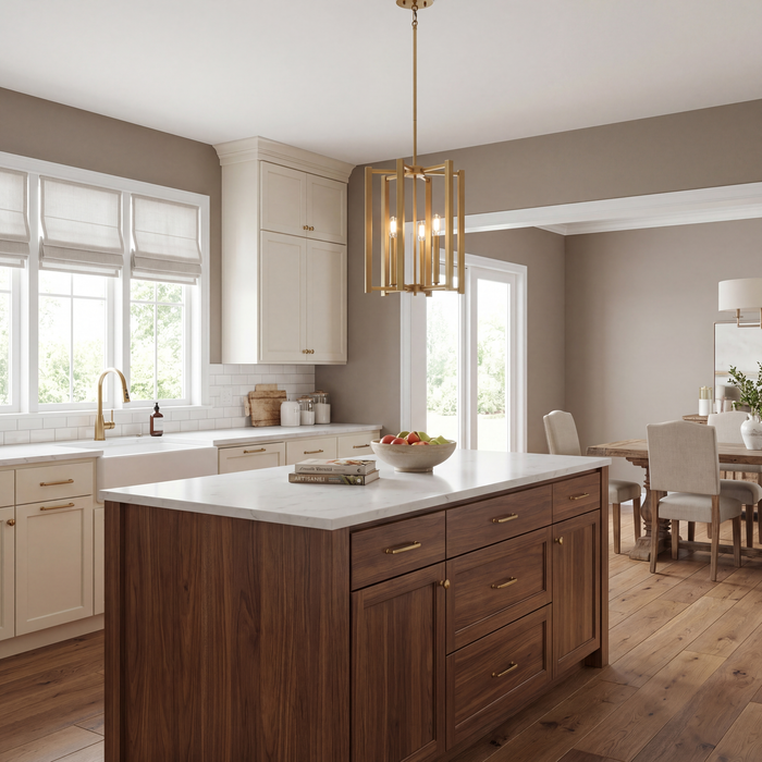 A modern kitchen island with dark brown wood grain cabinets and a white countertop, set in a bright kitchen with beige walls, white cabinetry, and a gold pendant light.