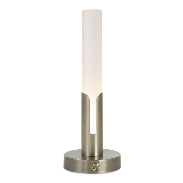 Cylindrical table lamp with white glass cover on a white background