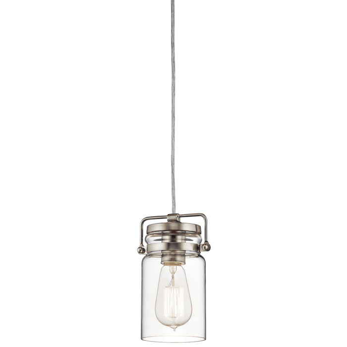A single pendant light with a clear glass jar shade, brushed metal cap and hanger, and an exposed filament bulb, suspended by a thin cord against a white background.