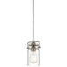 A single pendant light with a clear glass jar shade, brushed metal cap and hanger, and an exposed filament bulb, suspended by a thin cord against a white background.