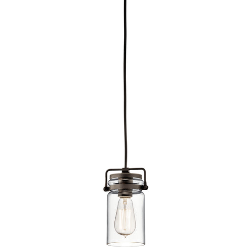 A single pendant light with a clear glass jar shade, an exposed filament bulb inside, and a dark metal cap and hanger. The light hangs from a black cord against a plain white background.