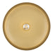 Gold circular object with a central light source on a white background