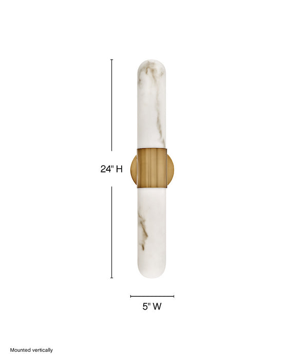 A wall-mounted light fixture shown on a white background with dimension lines indicating a height of 24 inches and a width of 5 inches, labeled as mounted vertically.