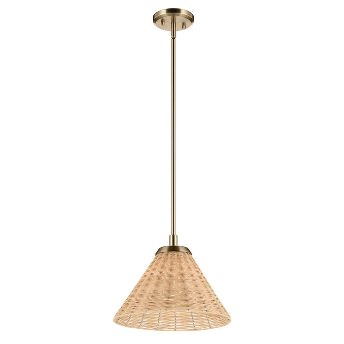 Small pendant with brass accents and a wicker shade