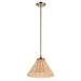 Small pendant with brass accents and a wicker shade