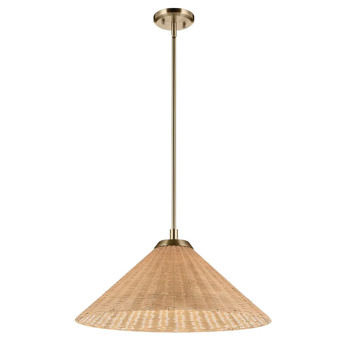 Pendant light with wide rattan shade and gold finish