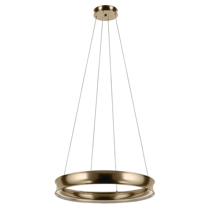 A modern linear pendant light with a brushed brass finish, suspended by four thin cables from a circular ceiling canopy against a solid white background.