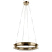 A modern linear pendant light with a brushed brass finish, suspended by four thin cables from a circular ceiling canopy against a solid white background.