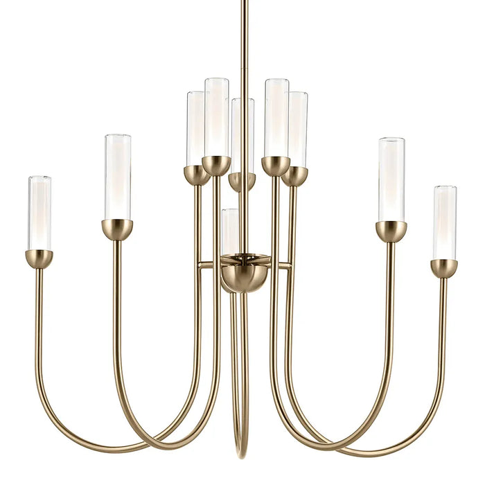 Gold chandelier with multiple candle-style lights on a white background