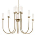 Gold chandelier with multiple candle-style lights on a white background